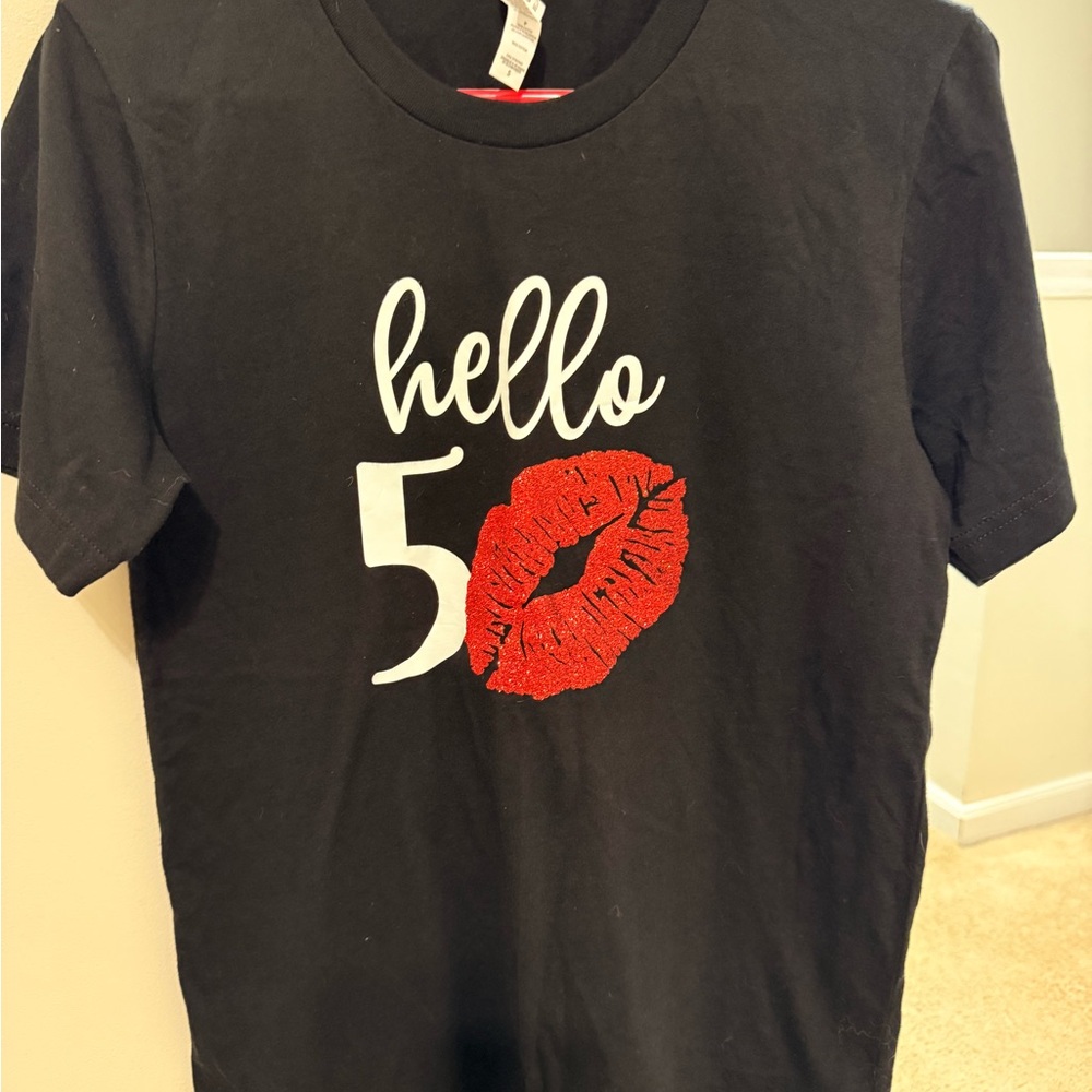Bella Canvas Black Kids Tee with White "hello 5" and Red Lip Graphic